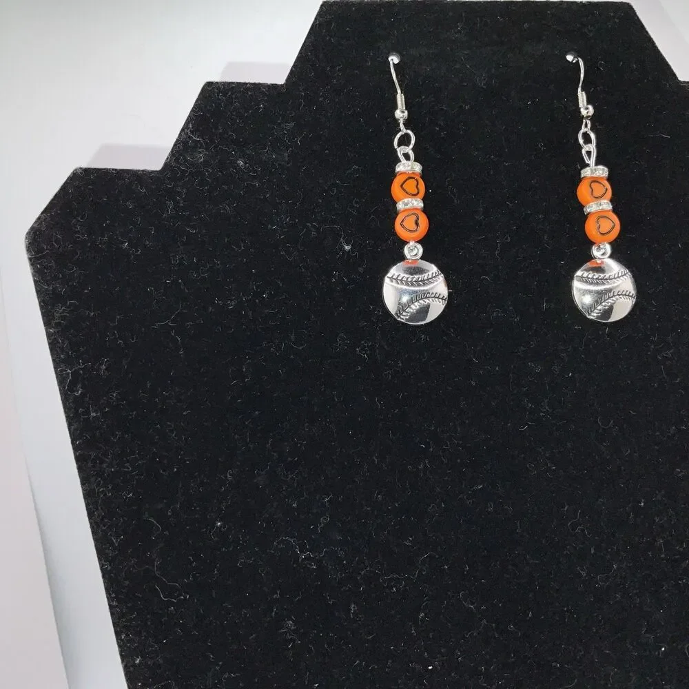 Baseball, Softball W/ Org. Hearts Hook Earrings Shiny Finish Silver PlayBall New